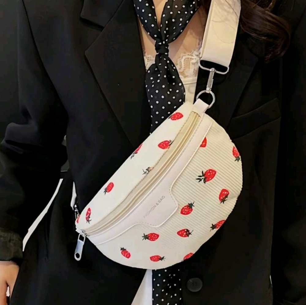 New Cute Strawberry Print Crossbody Shoulder Bag Cream White Canvas Waist Purse